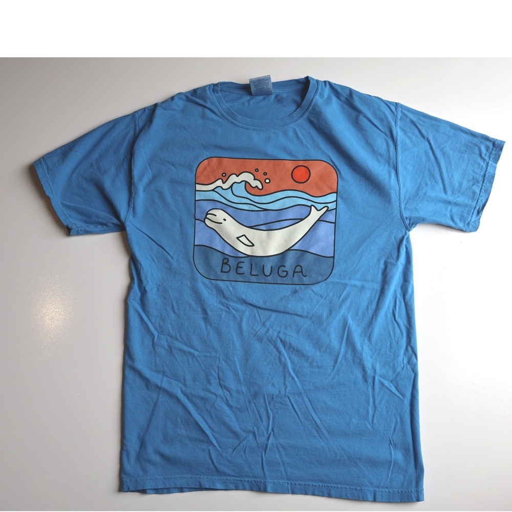 Beluga Whale Graphic T Shirt Medium Blue Comfort Wash Unisex Cotton Ocean